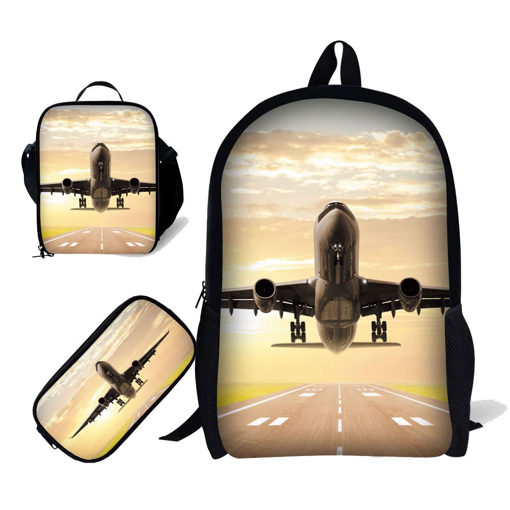 Students Backpack with Lunch Bag and Pencil Bag，17" Bookbag 3D Airplane Print for Kids