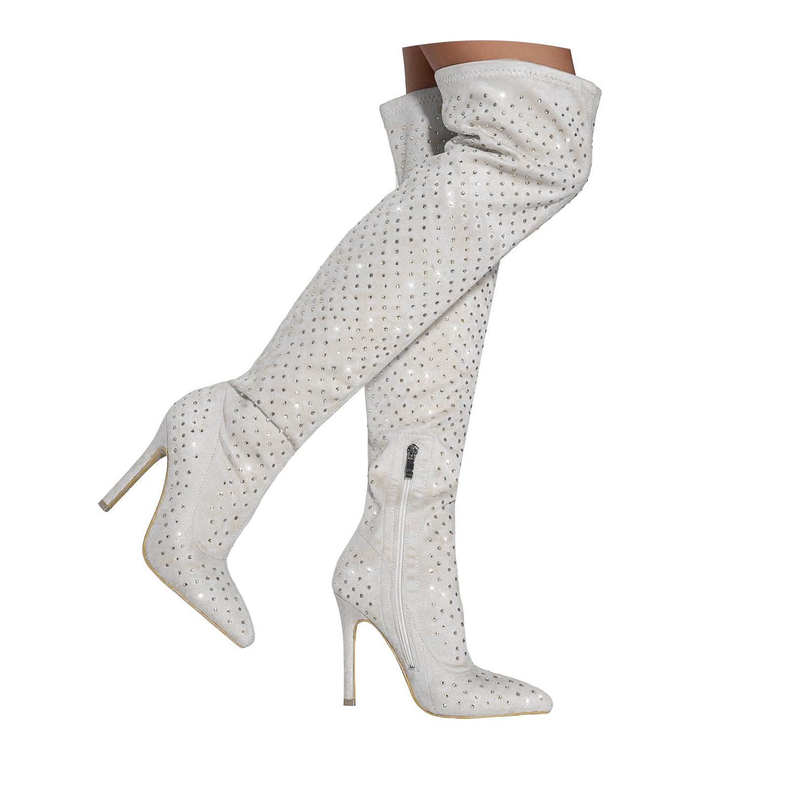 Women Rhinestone Over The Knee Boots Sexy Stiletto Heel Sparkly Bling Thigh High Boots Pointed Toe Side Zipper