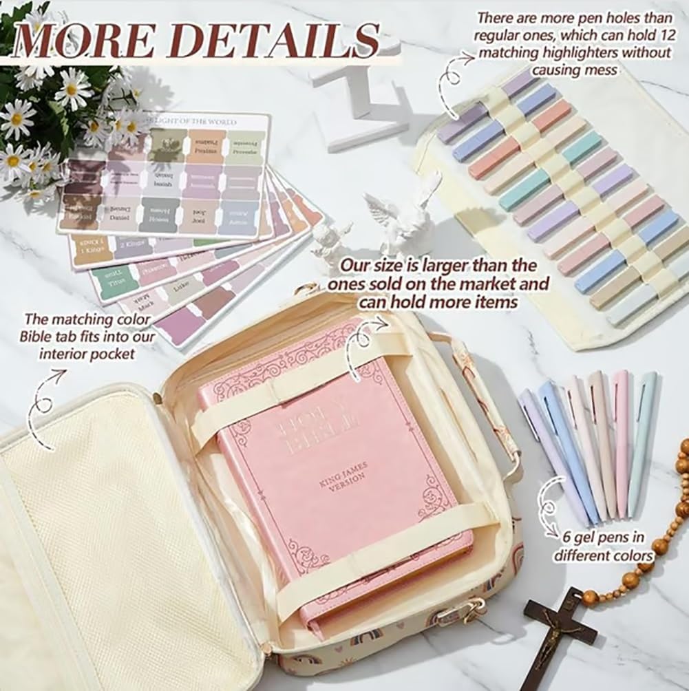 Bible Bags, Pretty Bible Bag for Women - Floral Chenille Letter Design, 12.4 * 9.4 * 2.5in Large PU Leather Church Bibles Case with Tabs Colored Gel Pen Highlighters for Study Bibles (11)
