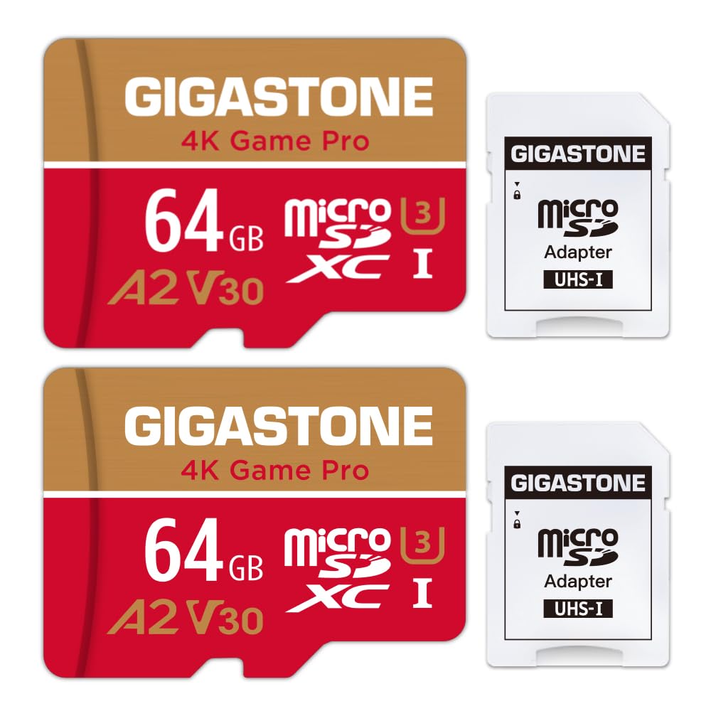 【Solo para Switch 1】 Gigastone Tarjeta de Memoria 64GB Paquete de 2, 4K Game Pro, para GoPro Drone Switch 1, Velocidad de 95 MB/s. A2 U3 V30 con Adaptador SD【5 años Recuperación de Datos Gratis】