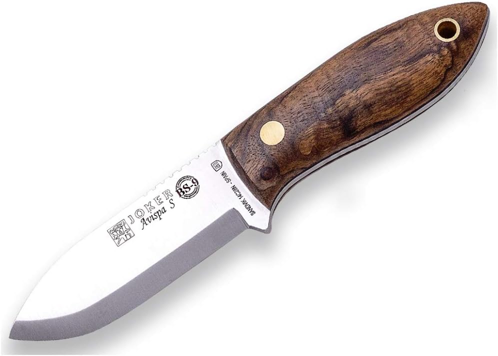Joker Hunting Knife Avispa S CN121, Blade 3.15 inches of SANDVIK 14C28N Steel, Walnut Wood Handle Brown Leather Sheath, Tool for Fishing, Hunting, Camping and Hiking
