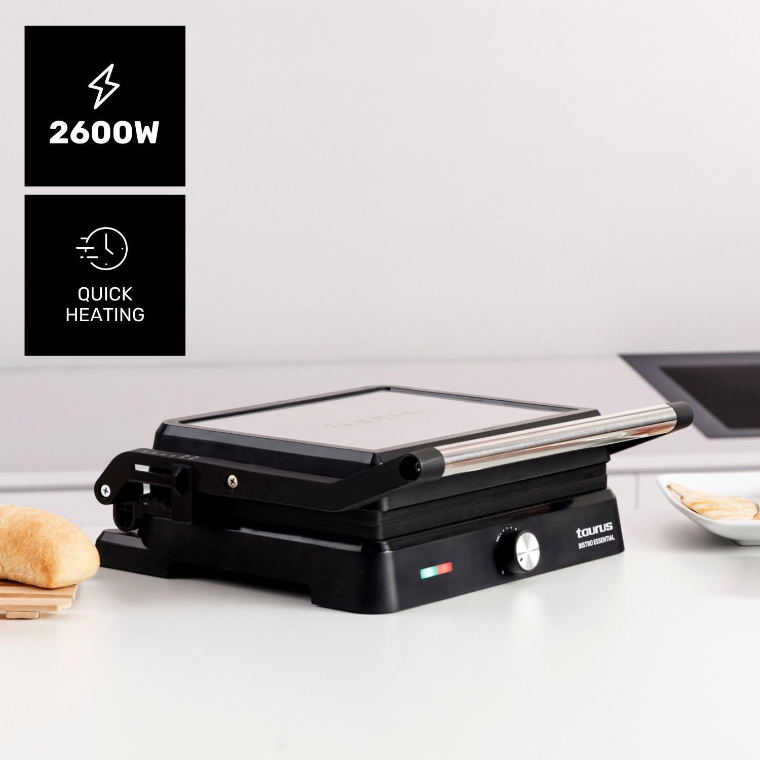 Taurus - Grill Essential 2600W | 2-en-1: Grill et Plancha | Plaques Stair System 29x23 cm | Antiadhésif sans PFOA | Bac à Graisse | Thermostat Réglable | Cool Touch & Verrouillage