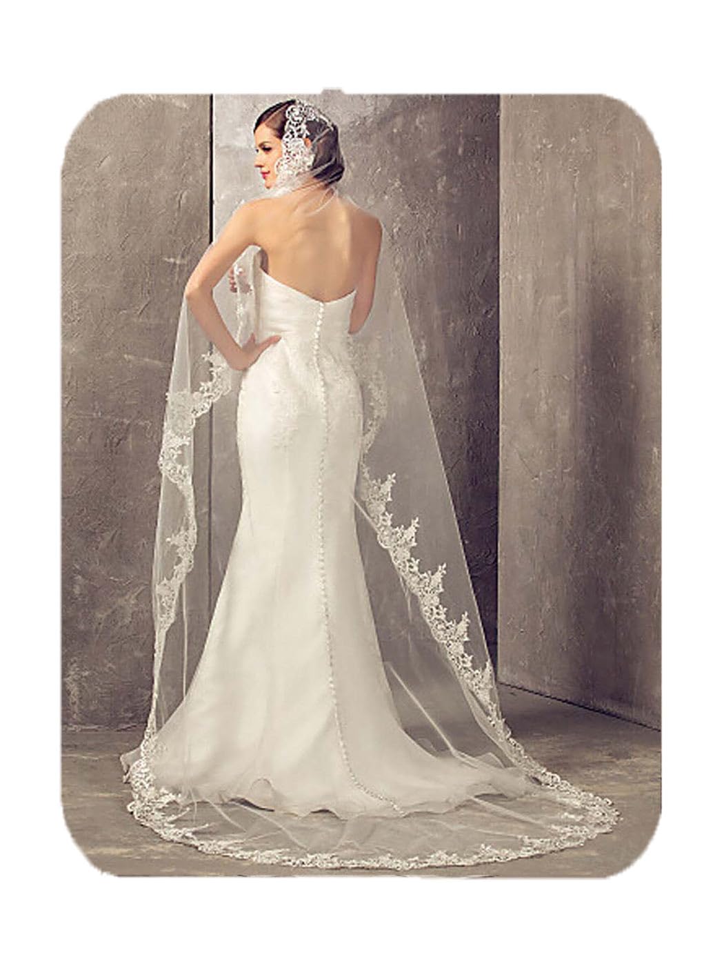 Unsutuo Cathedral Wedding Veil 1 Tier Lace Applique Bridal Veil Long Tulle Veil with Comb for Women and Bride (Ivory)