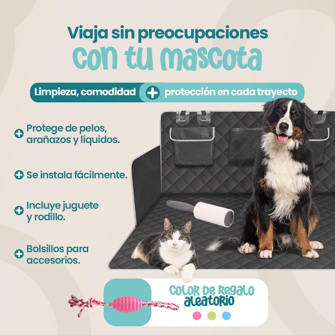 Funda Coche Perro - Protector Perros Maletero - Funda Perro para Coche Impermeable, Antideslizante, Lavable, Protector Universal Color Negro - Incluye Rodillo Quita Pelos y Juguete