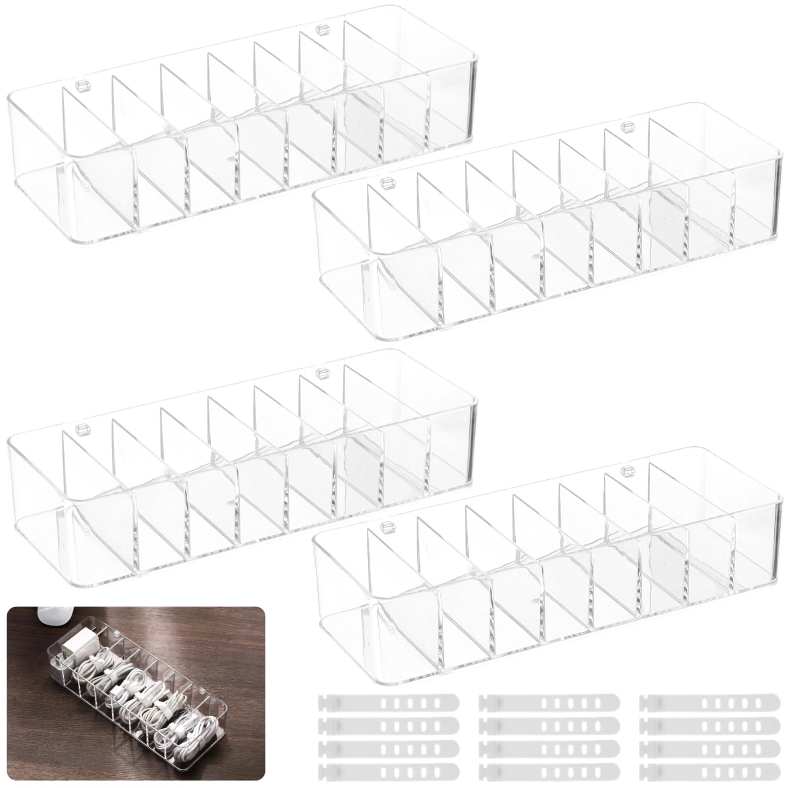 Homaisson4 Pcs Cable Organizer Box With Wire Ties,Clear Charger Cord Storage Organizer Box With 8 Compartments Plastic Electronics Power Cord Organizer For Home Office Desk Organizers And Accessories