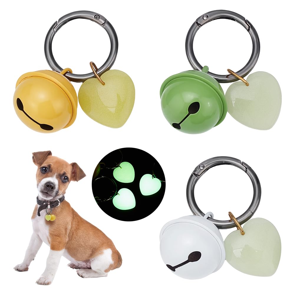 NBEADS 3 Pcs Set Dog Collar Bells, 6cm Glow Bells for Dogs with Alloy Spring Ring Clasps Tracking Bells Collar Accessories Indoor Outdoor Use, Green/White/Yellow