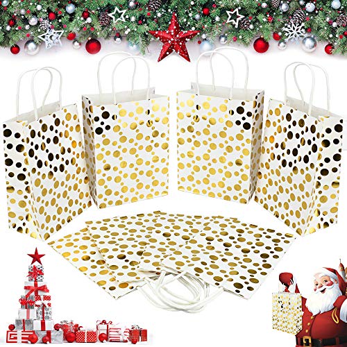 SNAGAROG 24 Pcs Sac Cadeau Sac Papier Kraft Pochette Cadeau Sac Kraft avec Poignée Sachets Papier Kraft Sac Carton Pochette Papier Recyclé avec Point Doré pour Cadeau Noël Mariage Fête-Blanc,14*20*8cm Cover