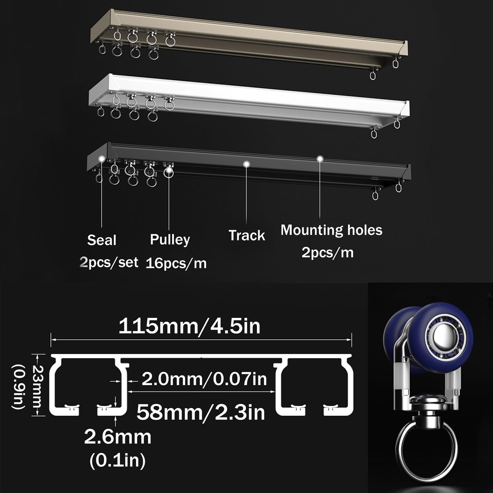 Doppelspurige Aluminium-Deckenhalterung mit leisen Rollen, perfekt für Dusch- und Fensterbehandlungen, einfache Installation, stilvolles Wohndekor-Zubehör (schwarz)