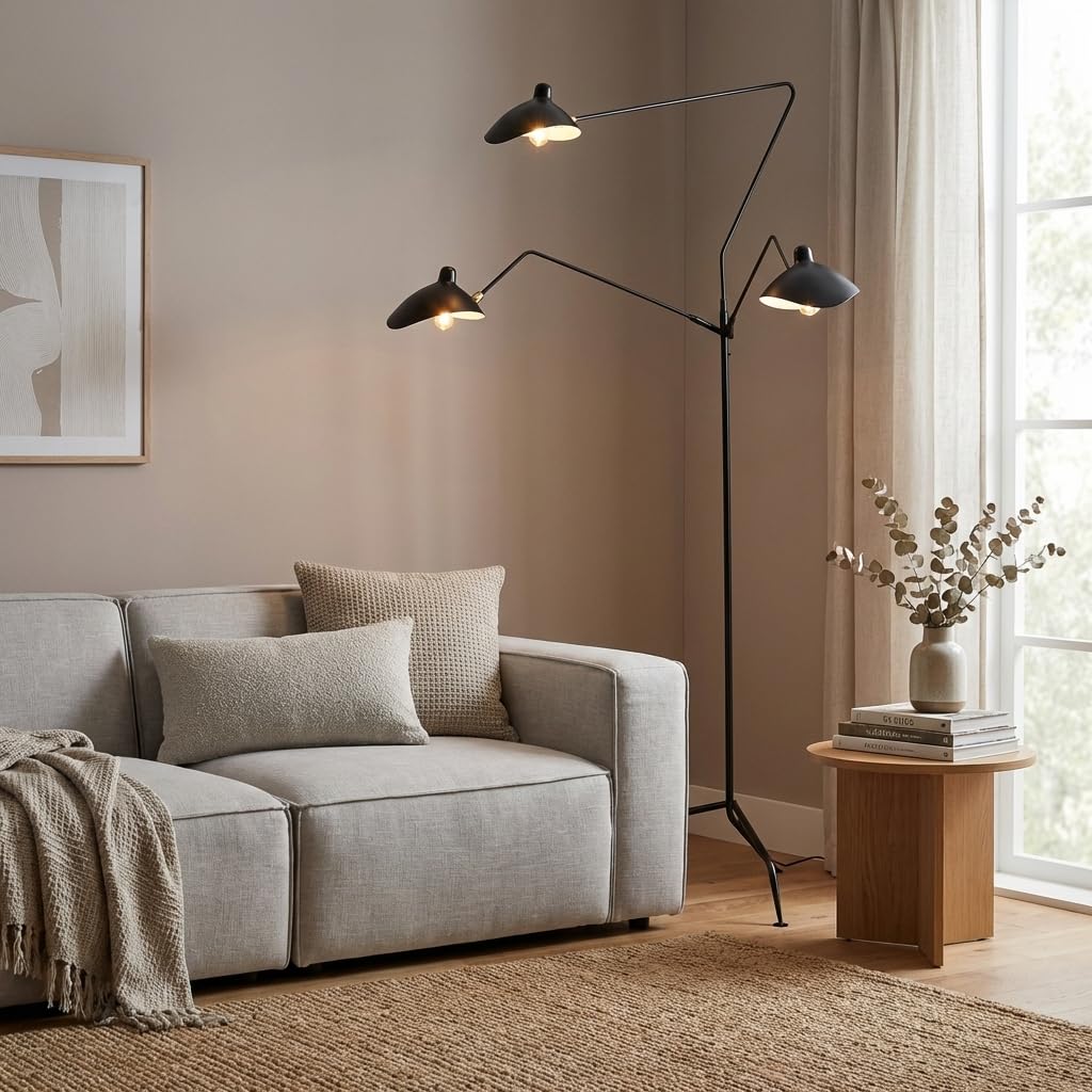 BARCELONA LED Lampa stojąca duża i wysoka czarna w stylu industrialnym vintage, 3 regulowane światła E27, solidny metal, nowoczesny retro design do salonu, sypialni, biura i kącika do czytania