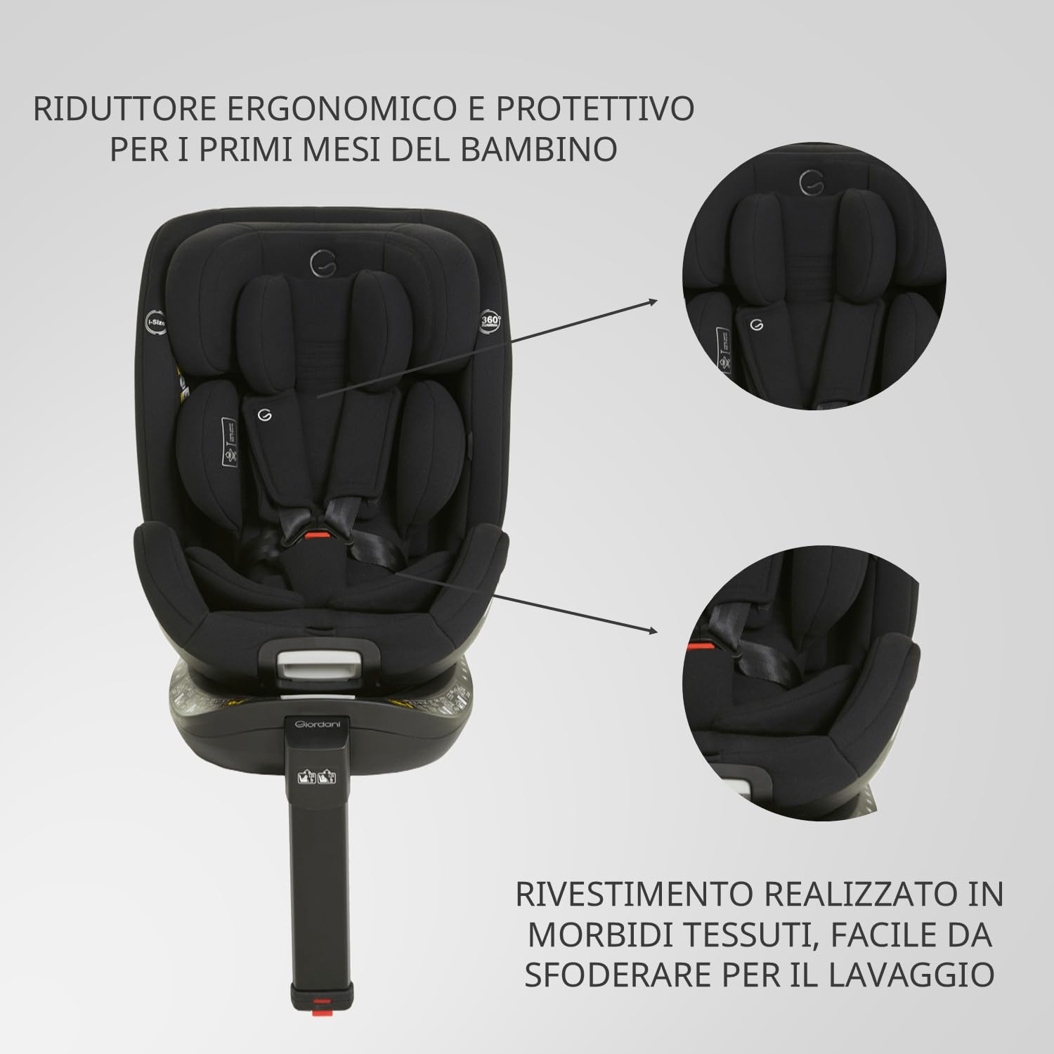 Giordani Andromeda Seggiolino Auto 40-150 cm i-Size, Base Girevole 360°, Isofix e Gamba di Supporto, con Riduttore Neonato e Sistema Harness Retainer, Evolutivo 0-12 Anni R129/03