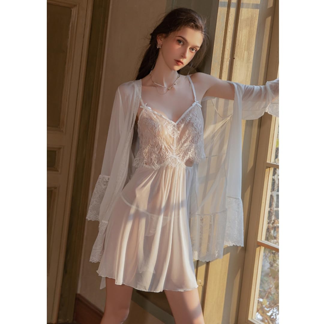 Bata Sexy Mujer Conjunto De Camisón/Bata Transparente De Encaje De Malla Calada con Abertura Frontal