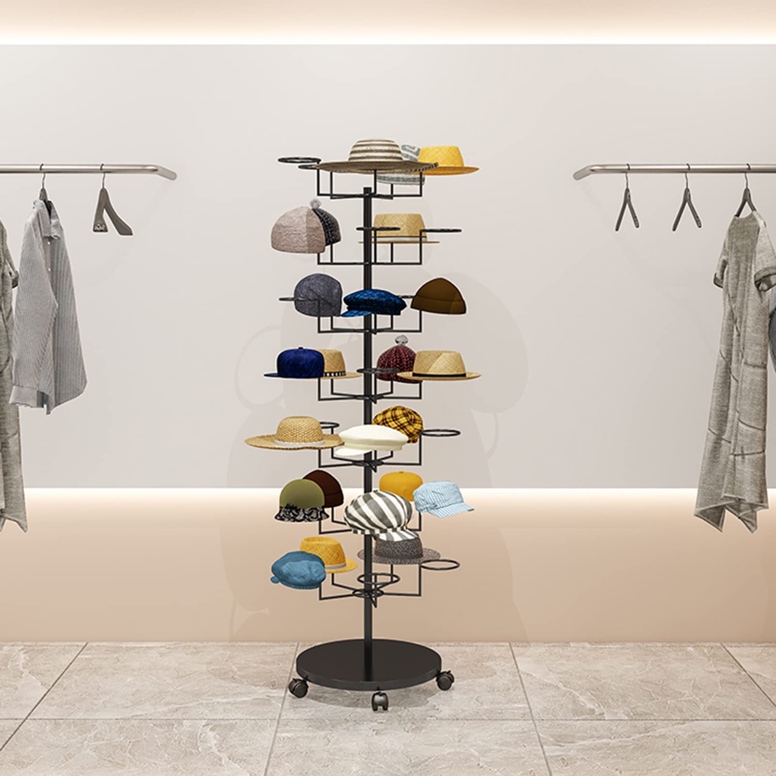 Expositor de Sombreros Moderno e Independiente - Estante Vertical rodante para Gorras de béisbol y de Vaquero, solución de Almacenamiento Interior/Exterior Que Ahorra Espacio,