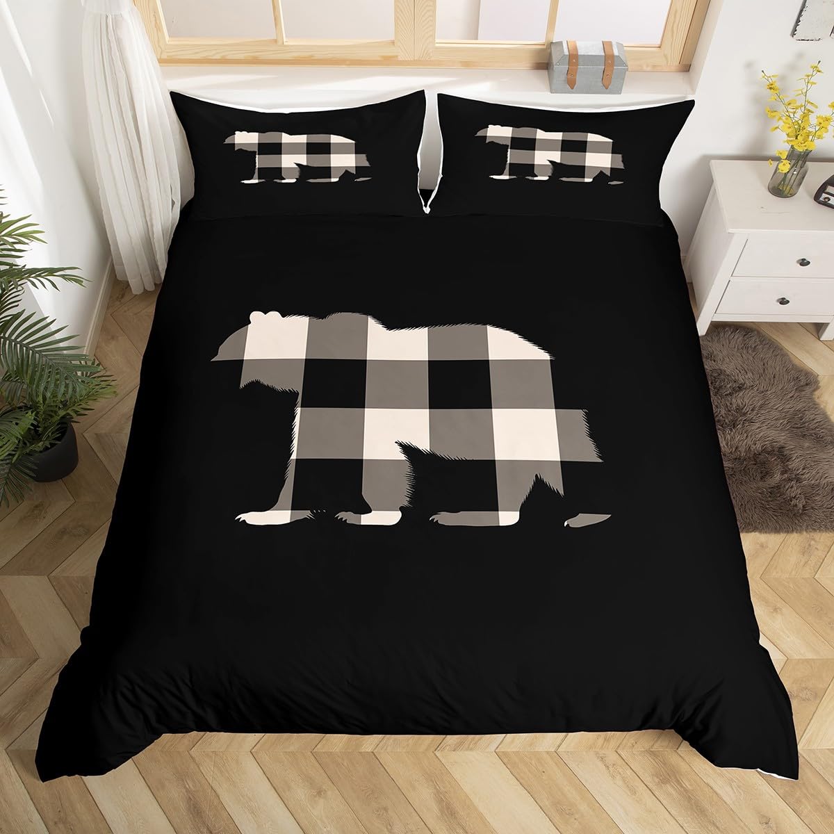 Kids Bear Bedding Set Wild Animal Duvet Cover for Boys Children Teens Bedroom Decor Rustic Cabin Country Comforter Cover Set Nature Wildlife Bear Black Bedspread Cover Twin Size with 1 Pillow Case