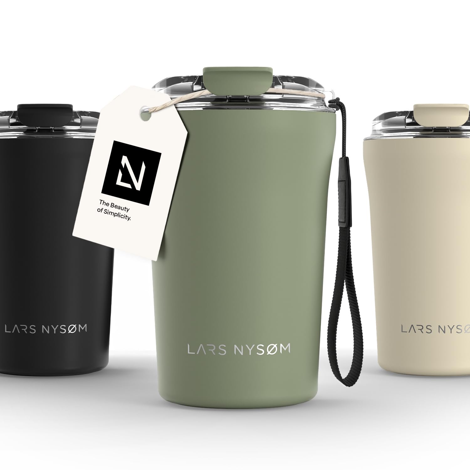 LARS NYSØM Thermo Kaffeebecher to go mit Trageschlaufe & Tritan Deckel | Travel Mug 0,38 Liter mit Isolierung | Auslaufsicherer Edelstahl Thermobecher für Café & Tee (Sage Green, 380ml)