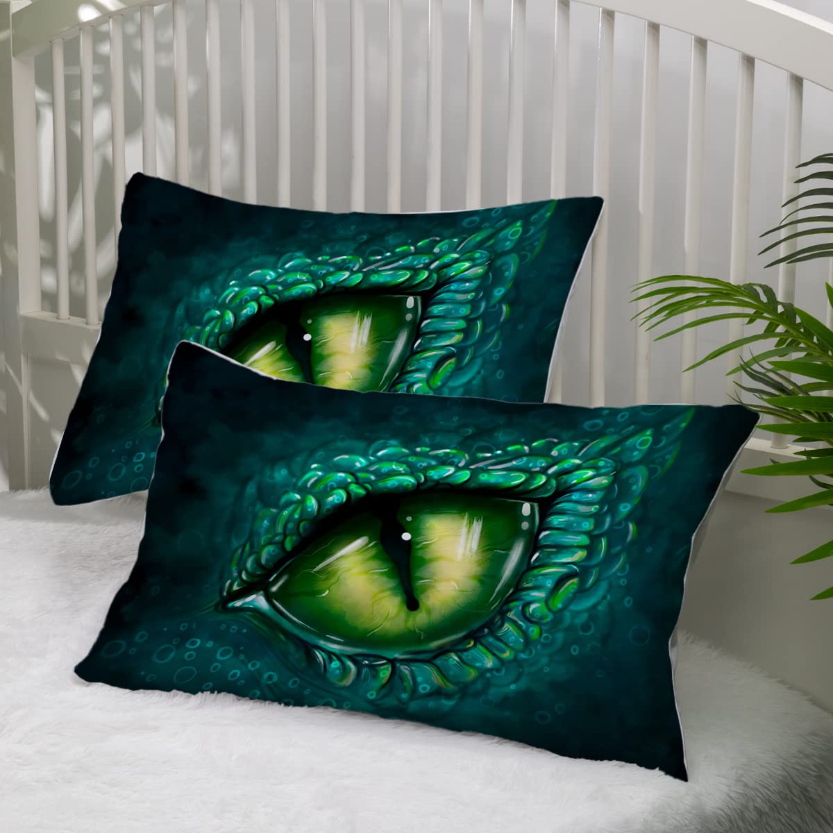 BEDMUST Green Eye King Size Pillow Cases Set of 2, Dino Eye Pattern Pillowcases Set with Envelope Closure, Soft Breathable Lightweight Wrinkle