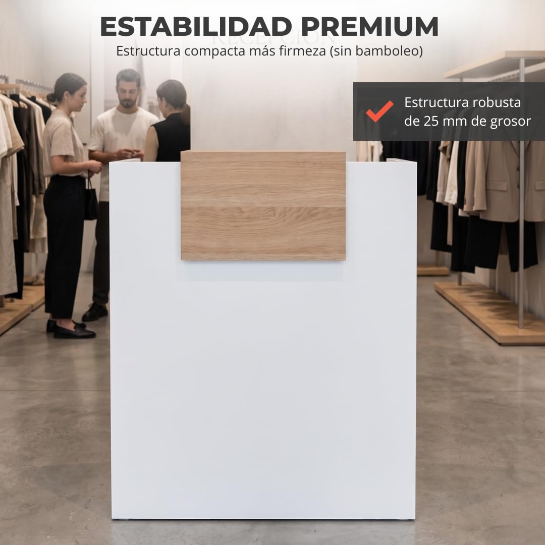 OFICIT Mostrador Recepción Profesional | Mostradores para Tiendas de Madera de 25MM de Grosor | Mueble Recepción con Estantería Ideal como Mostrador Peluquería, Tiendas, Clínicas o Academias