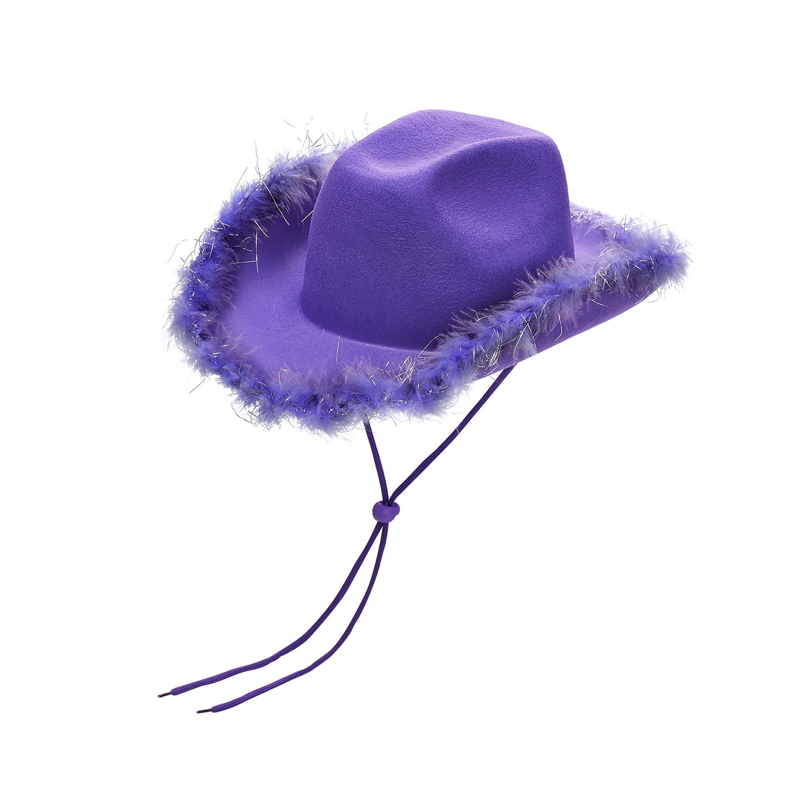 Yoisdtxc Cowboy Hat for Women, Pink Cowboy Hat with Fluffy Feather Brim, Cowgirl Fancy Dress Hats for Halloween, Carnival, Role Play, Cosplay, Birthday Party Accessory(Purple-1)
