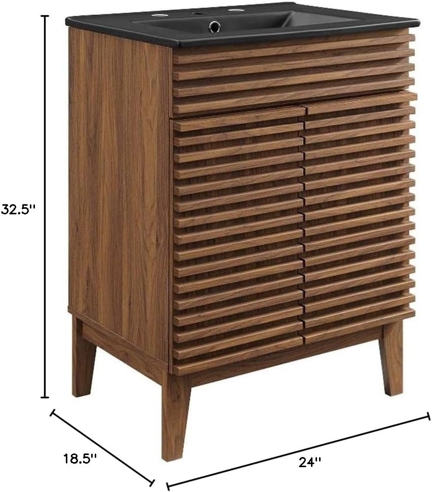 Pemberly Row 24" Modern Wood Bathroom Vanity, Walnut/Black Finish, Particleboard and Ceramic Construction, Integrated Countertop with Adjustable Storage Shelf, Mid-Century Style for Bathroom Use