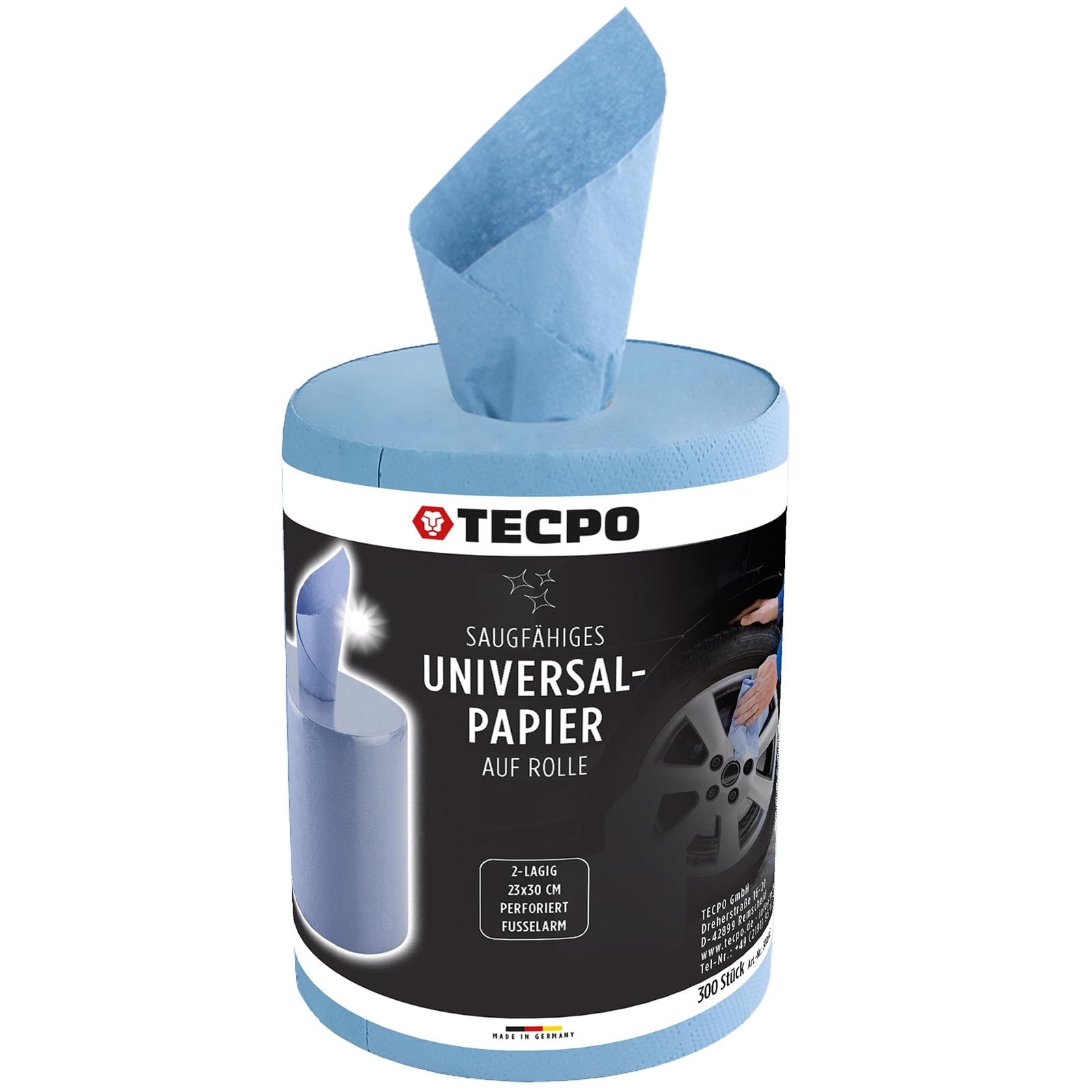 TECPO Rotolo di carta da 3600 fogli, 23 x 30 cm, a 2 strati perforati, rotolo di panno riciclato blu, per pulizia assorbente, adatto per industria, officina, ristorante e commerciale (12 x 300 fogli)