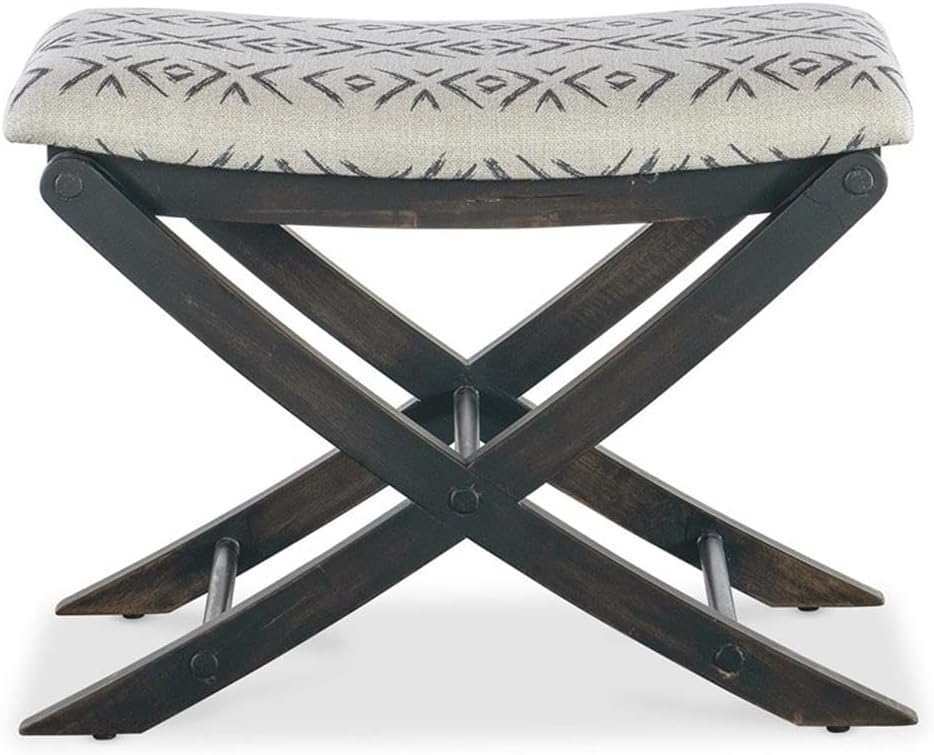 BOWERY HILL Upholstered Bedroom Bench, 26 x 18 x 19 in, Fabric Seat, Wood Frame, X-Base Design, Black Sand Finish, Tropical Resort-Inspired Style with Tribal Pattern for Bedroom or Living Room Use