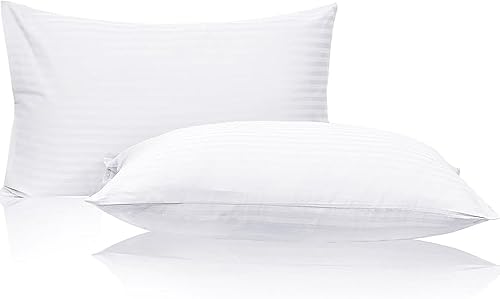 Paquete de 2 protectores de almohada de tamaño estándar con cremallera, 100% algodón, rayas satinadas, color blanco, certificado Oeko-Tex,
