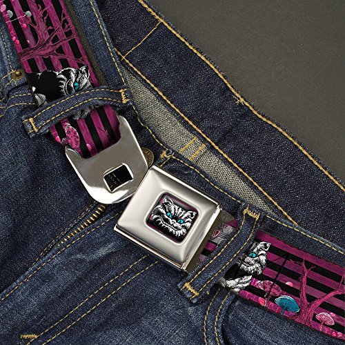 Buckle-Down Seatbelt Belt - Cheshire Cat Face/Poses Stripe Purple/Black/White - 1.0" Wide - 20-36 Inches in Length2