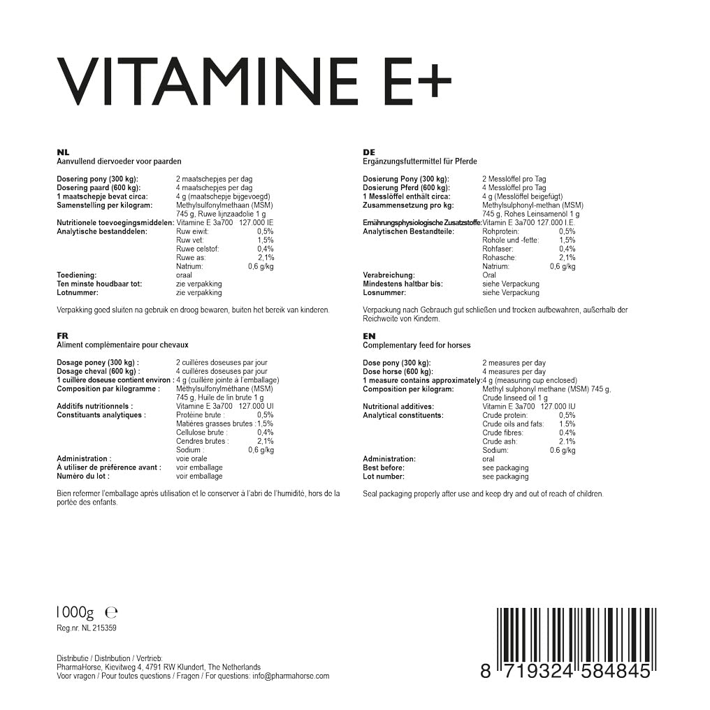 PharmaHorse Vitamine E+ | Supplément Alimentaire Cheval | Prévient Les courbatures | Soutien Musculaire Cheval | Système de défense Naturel | sans dopage & sans sucres ajoutés | 1000 Grammes
