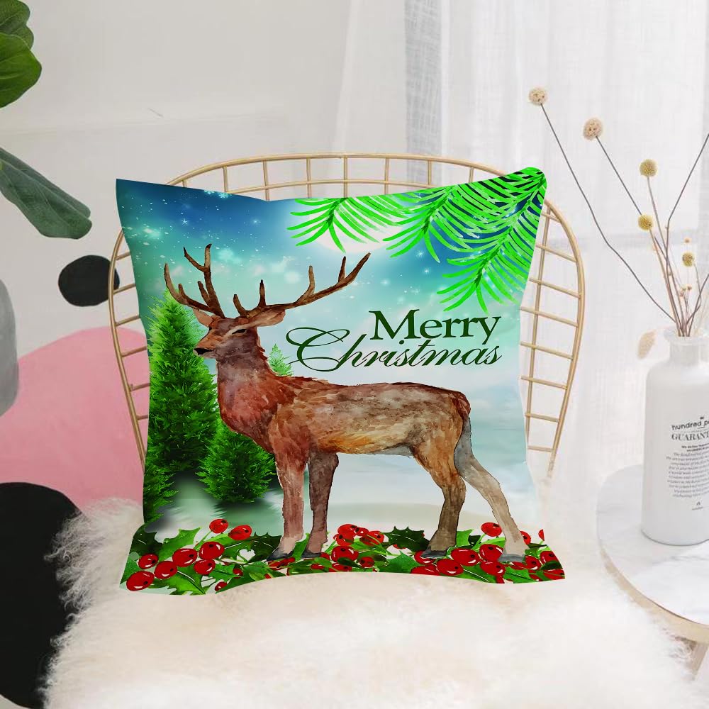 Hyosxw Merry Christmas Card With Deer - A6 Cushion Cover,Throw Pillow Case Home Decorative For Living Room Bedroom Sofa Chair 18X18 Inch,Merry Christmas Card With Deer,Pillowcase 45X45cm