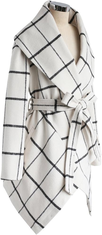 CHICWISH Women's Turn Down Shawl Collar Grid Off-White Asymmetric Hemline Wool Blend Coat, Size Large - Image 5