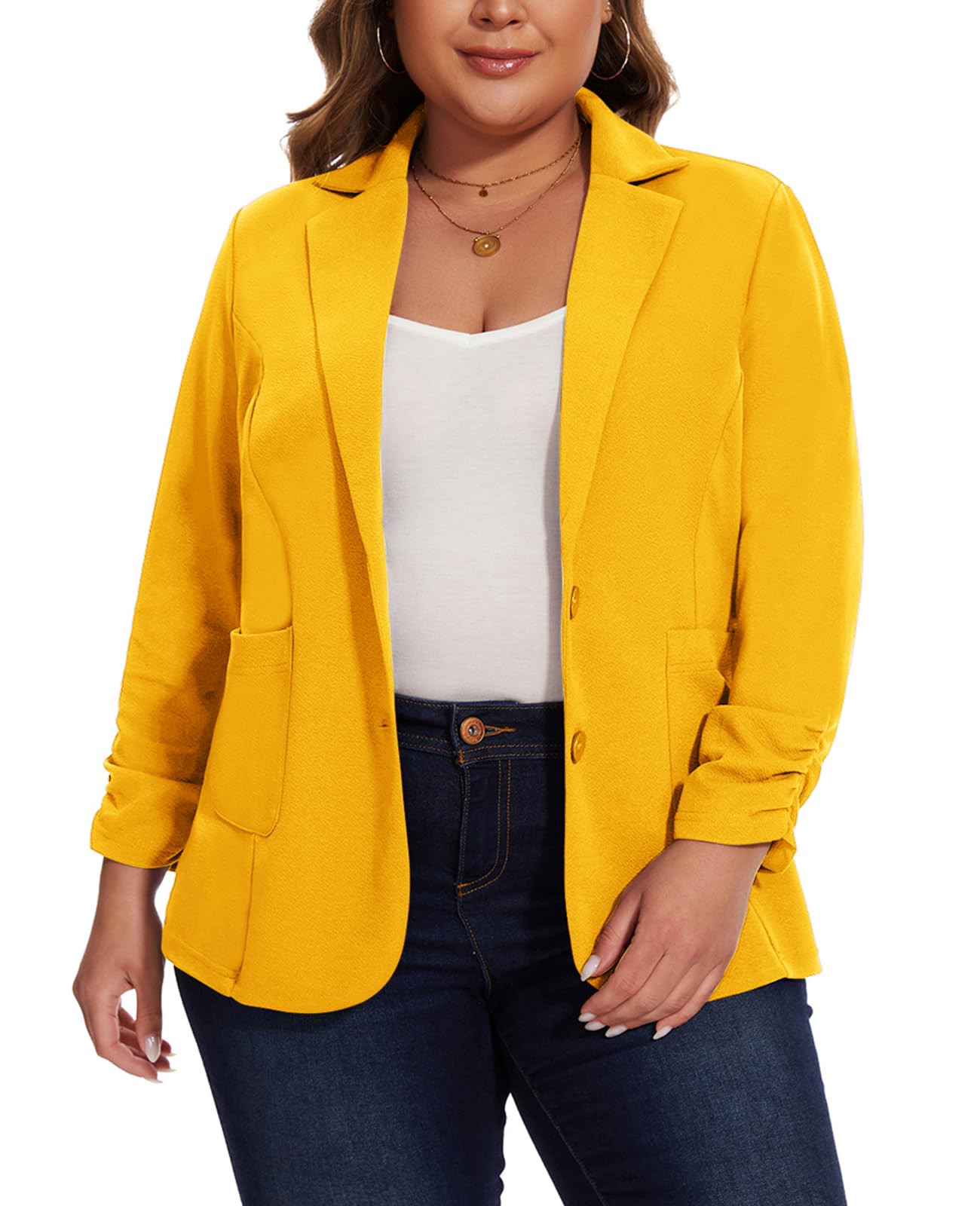 Womens Plus Size Blazer Suit Elegant 3/4 Ruched Sleeve Jackets Blazers Slim Fit Business Casual Jacket with Buttons Pockets