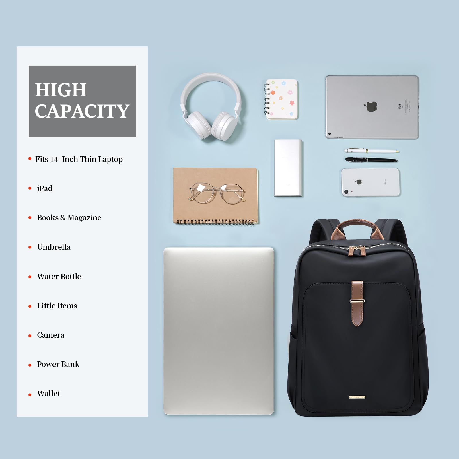 GOLF SUPAGS Zaino Porta PC Donna 14 Pollici, Zaino PC Portatili per Computer, Casual Daypack Uomo per Scuola, Lavoro, Viaggio Nero