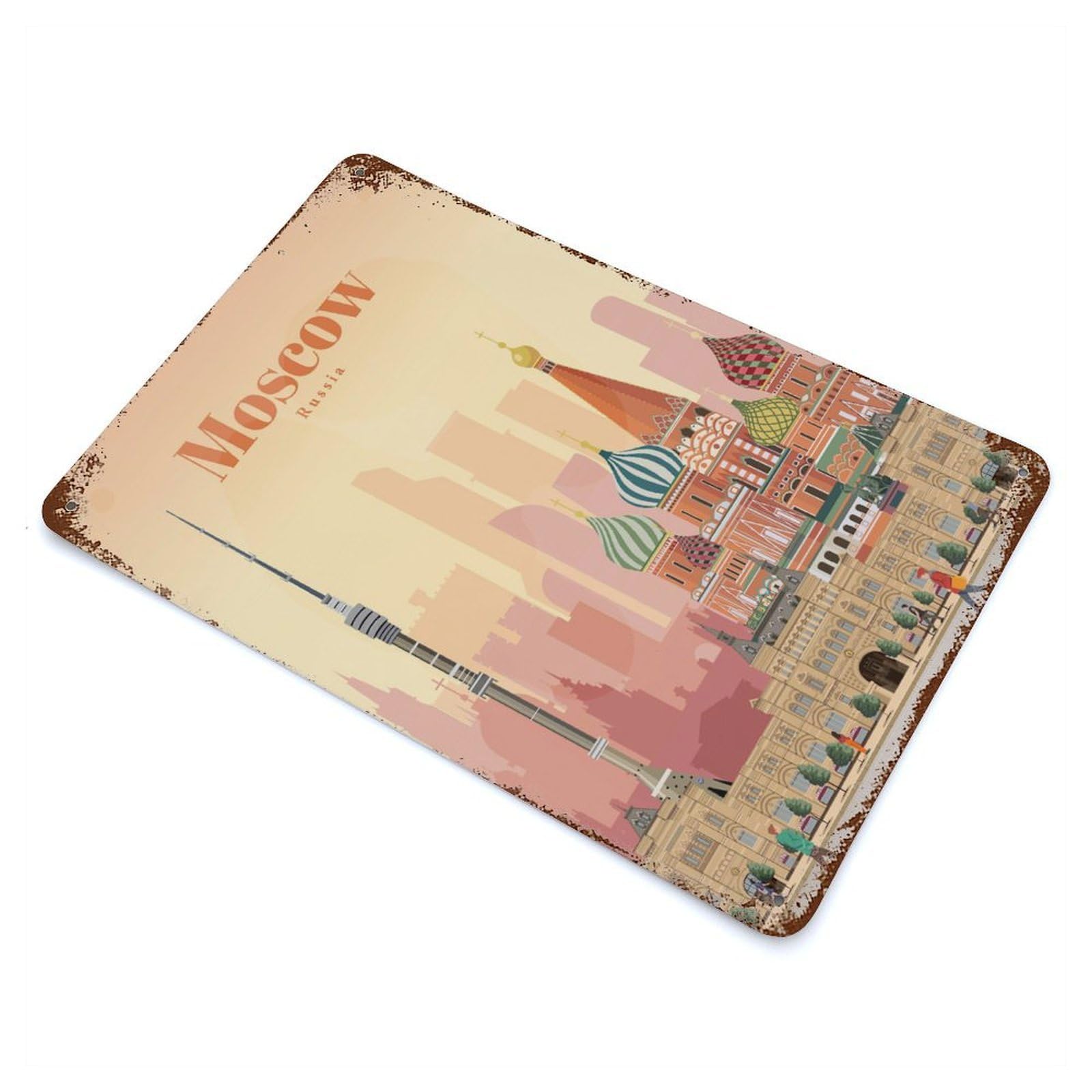 Travel to Moscow 11.8"x7.9" Rusty Metal Tin Sign, Shabby Chic Decor for Bistro, Counter And Cafe Decor