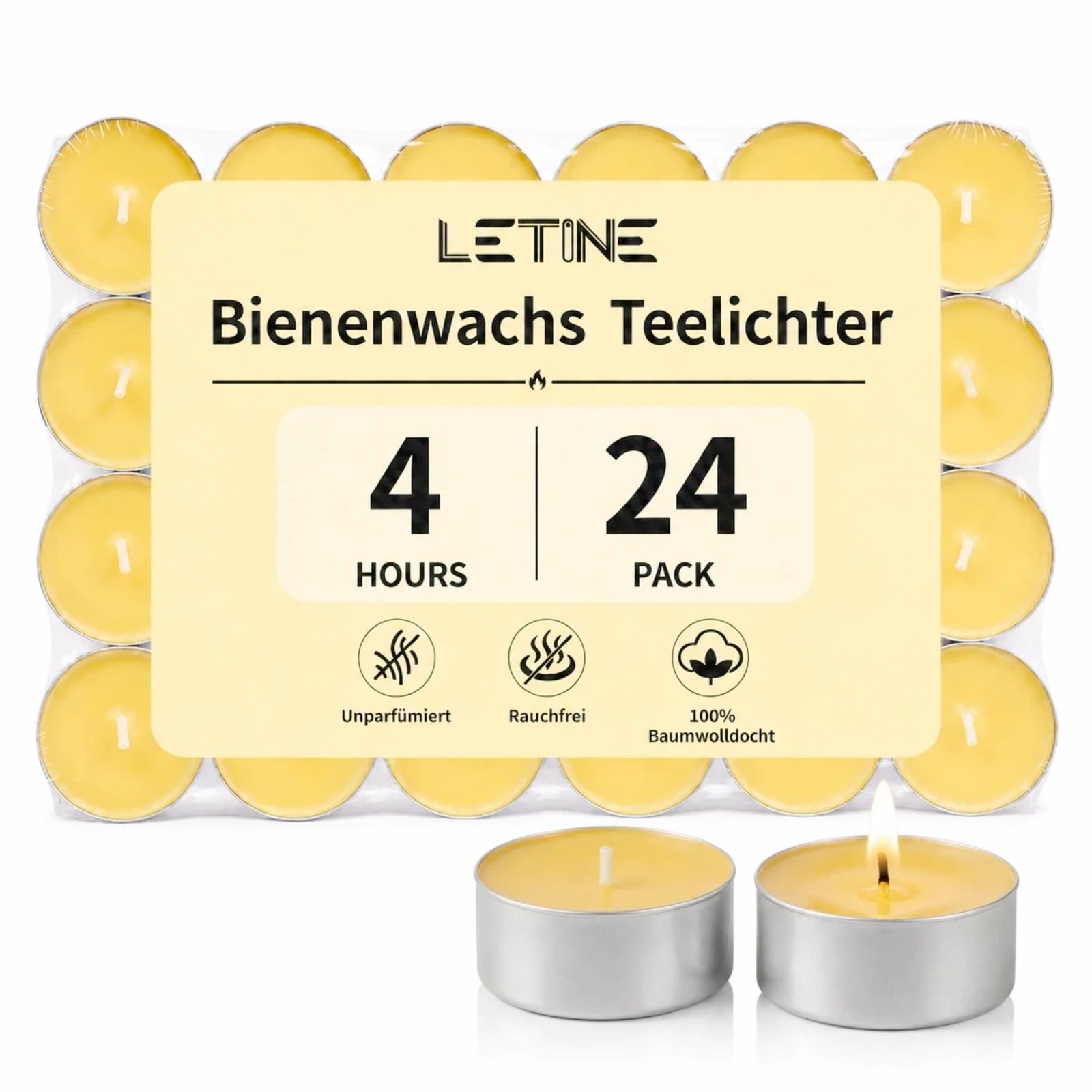 24 Pack Beeswax Tealight Candles, Organic Bees Wax Tea Lights Candle