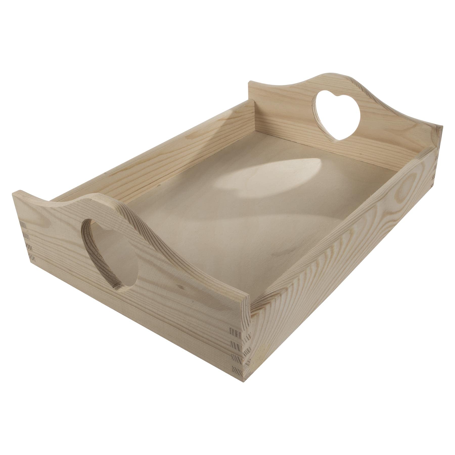 WooDeeDoo Medium Wooden Serving Tray 35 x 25 x 10.5 cm with Heart Cut-Out Handles – Unfinished Pine – Rustic Decorative Tray for Breakfast Snacks Display Craft Customisation or Home Organisation