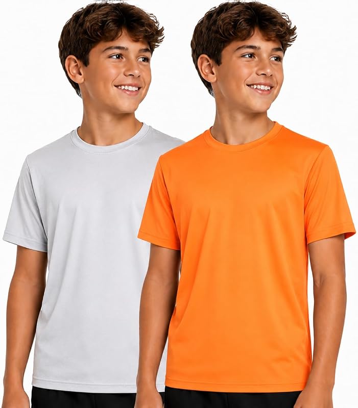 Boys Shirts, 2 Pack Lightweight Crewneck Moisture Wicking Short Sleeve