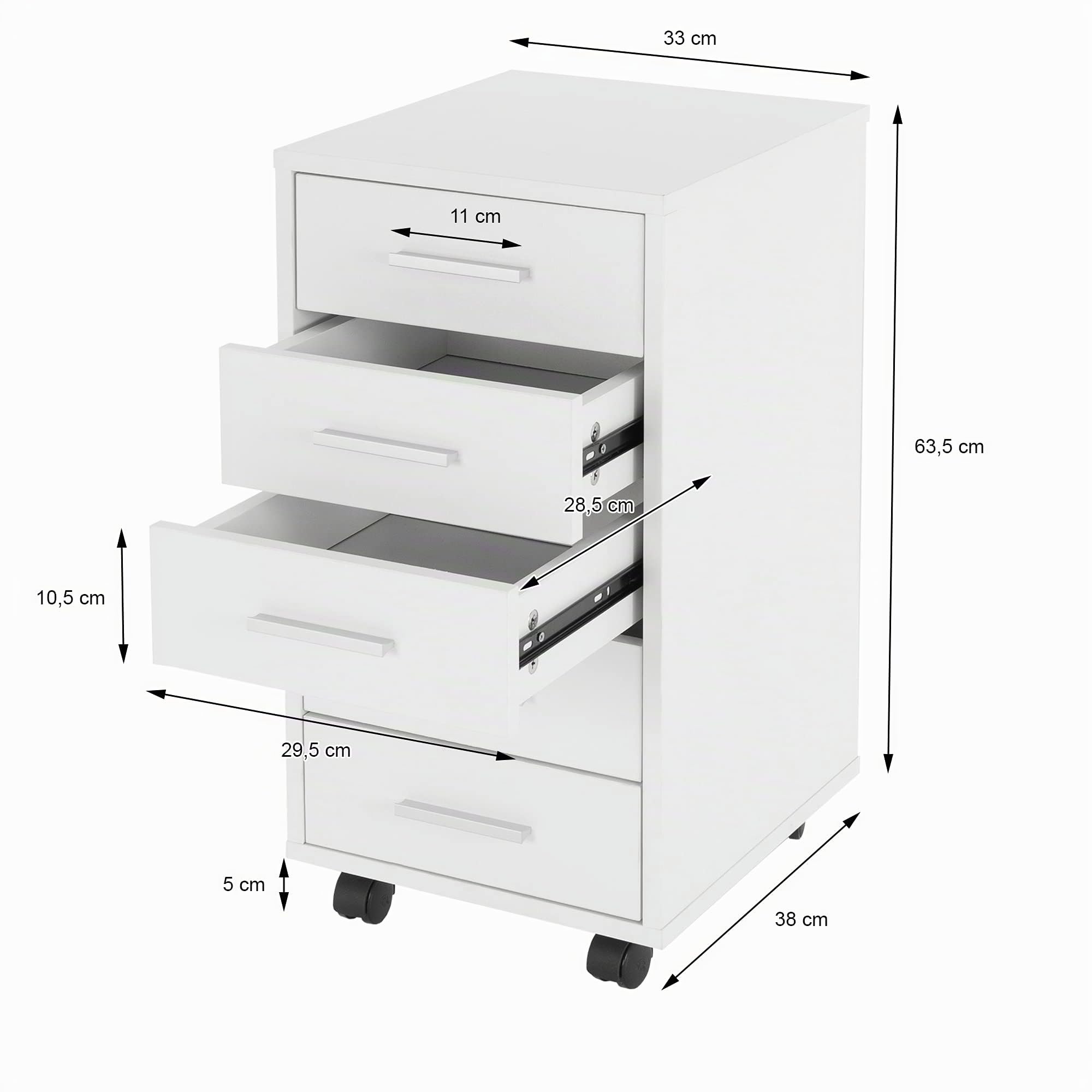 ML-Design Set 2x Cassettiera Mobile da Ufficio 33 x 38 x 63,5 cm Bianco con 5 Cassetti Rivestimento a Melamina e Maniglie in Alluminio, Mobiletto Archivio Documenti Armadio Portaoggetti con Ruote