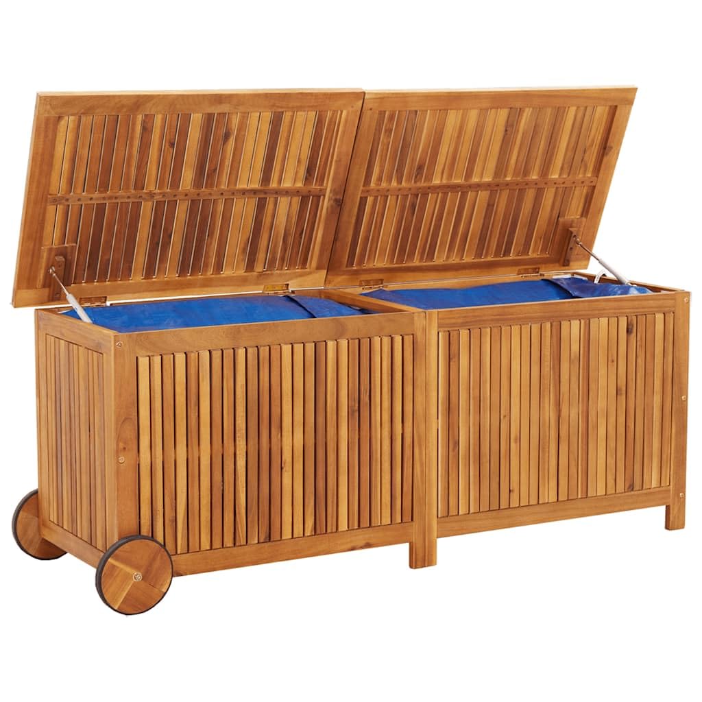 Coffre de jardin en bois d'acacia massif 150 x 50 x 58 cm avec roulettes et sac intérieur imperméable, boîte de rangement résistante aux intempéries pour coussins de jardin, coussins, jouets