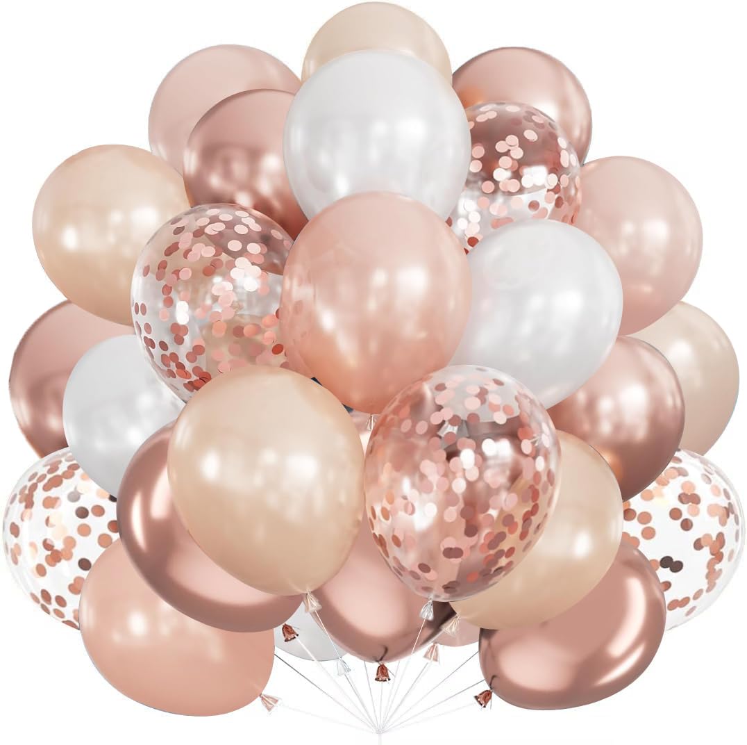 Rose Gold Balloons, 60Pcs Rose Gold and White Balloons with Glitter Confetti Latex Balloon, Elegant Party Decorations for Girls Women Birthday Baby Shower Bridal Shower Wedding Retirement Engagement — image 1
