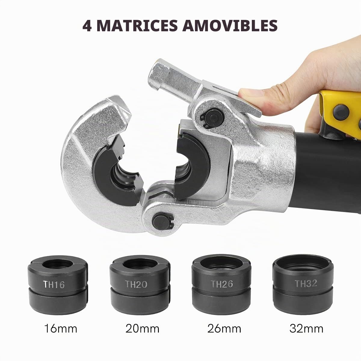 Pince à Sertir, pour Raccords sur Tubes, TH16, TH20, TH26, TH32 mm, Pince à Sertir avec Tête Rotative à 360° et Poignée Ergonomique en Caoutchouc 10T