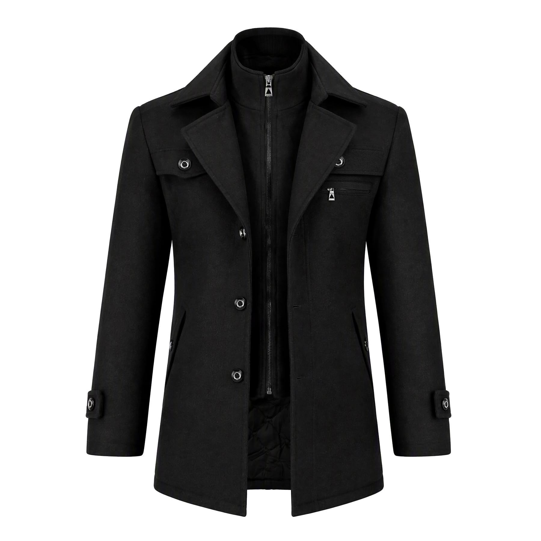 Allthemen Herren Wintermantel mit Stehkragen Wollmantel Mittellang Business | Wolle, Kurzmantel, Warm, Winterjacke, Peacoat, Slim Fit, Gefüttert, Trenchcoat, Abnehmbarem Kragen, Gestepptes Innenfutter