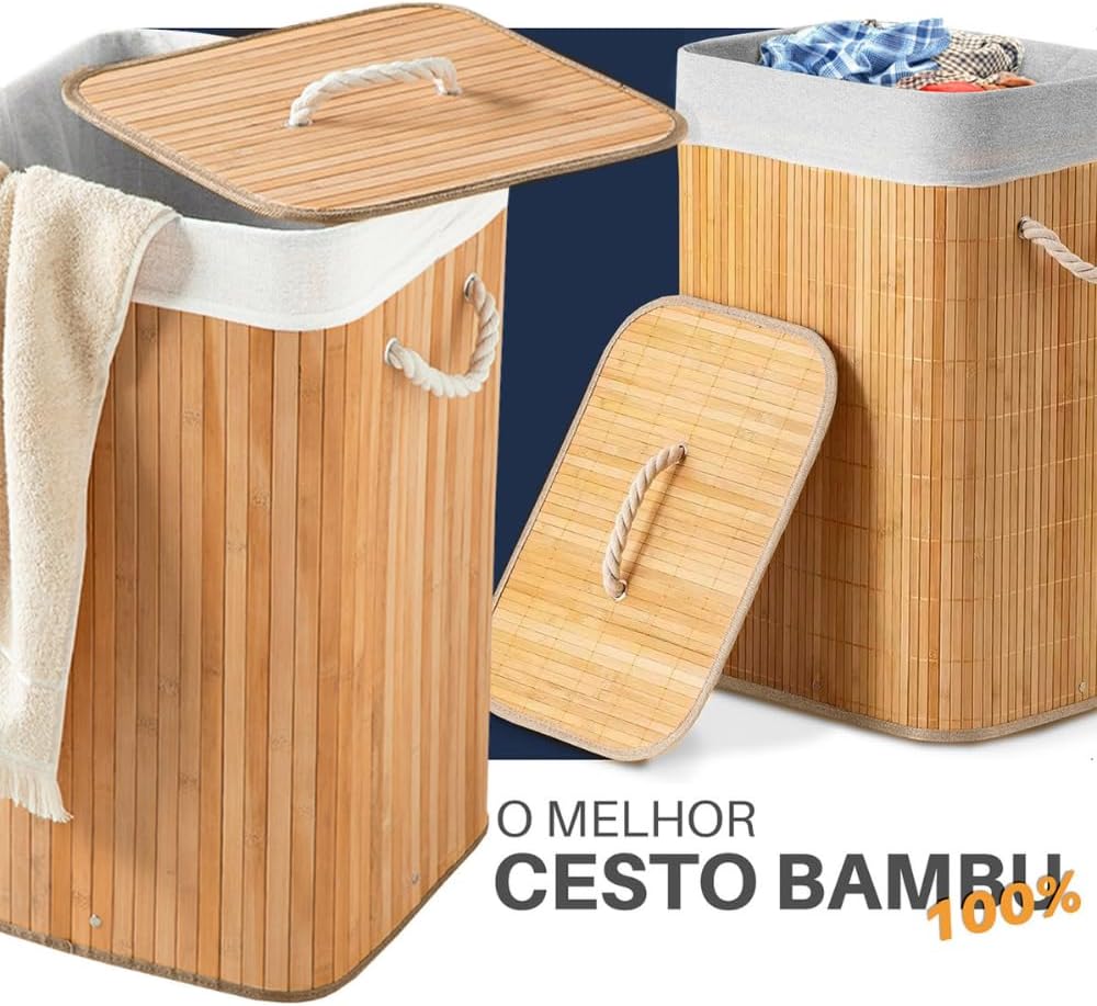 Cesto de Bambu Roupa Suja em Bambu Natural com Tampa 60L Alças de Corda Forro Removível Ideal Para Lavanderia Área de Serviço Banheiro e Quarto Premium Cesto de Bambu Roupa Suja em Bambu Natural com Tampa 60L Alças de Corda Forro Removível Ideal Para Lavanderia Área de Serviço Banheiro e Quarto Premium