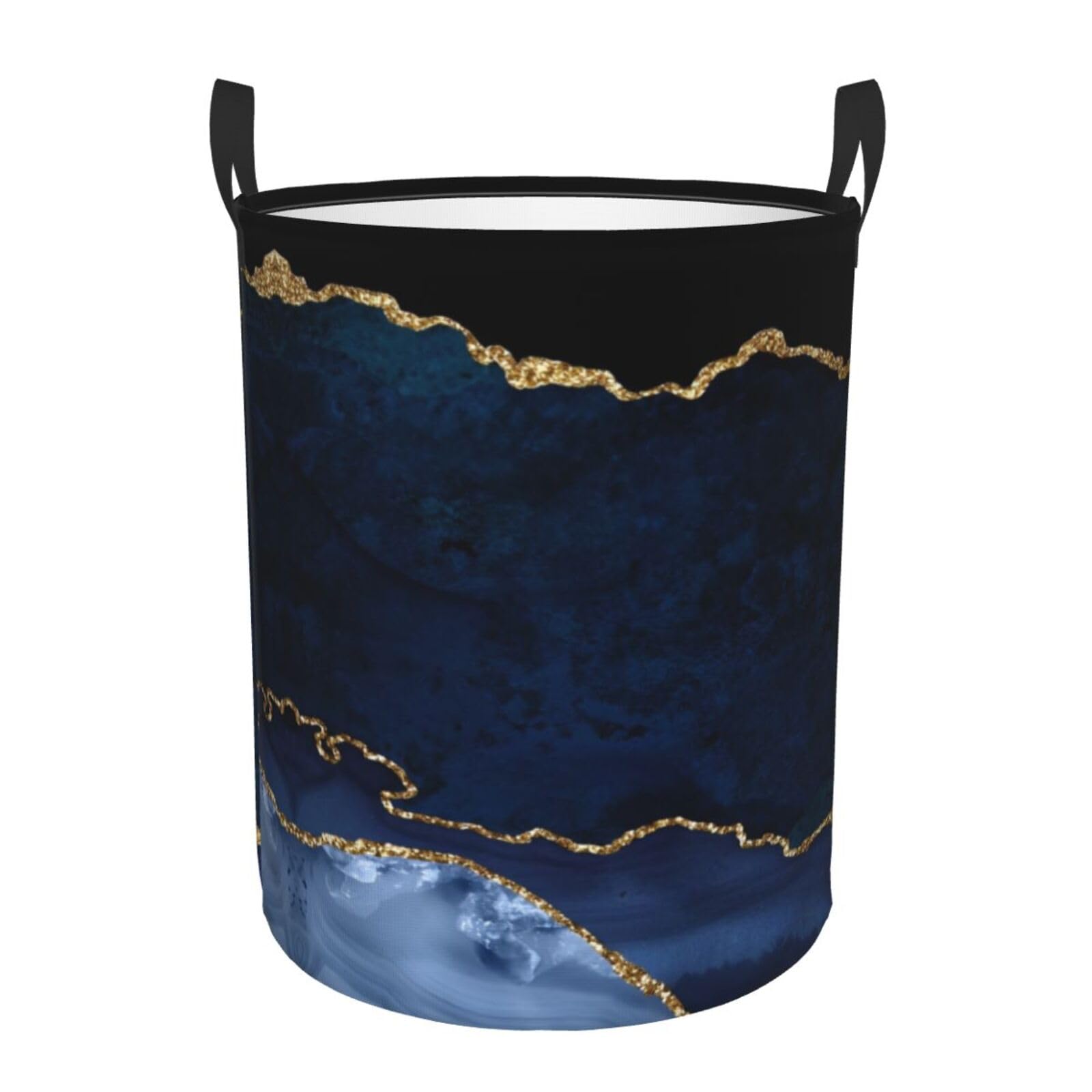 Navy Blue Gold Marble Laundry Basket Waterproof Oxford Fabric Collapsible Laundry Hamper Round Portable Durable Dirty Clothes Storage Basket with Handles for Bedroom Bathroom Dorm Living Room Nursery