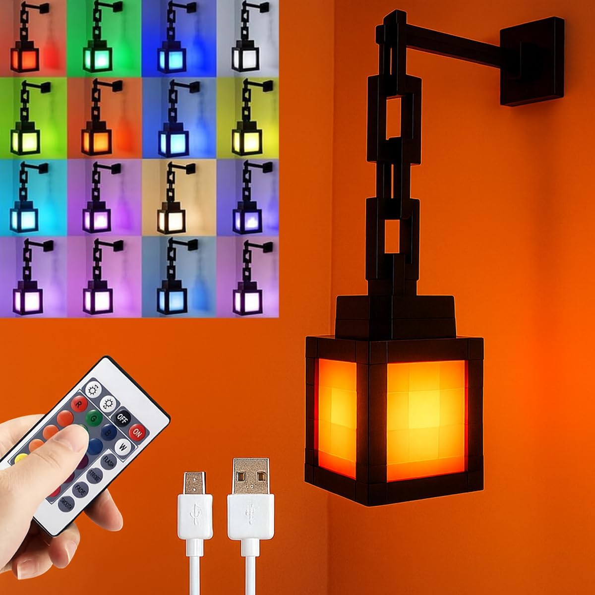 Pixelated Lantern Night Light - USB Rechargeable Night Lamp - 16 Colors LED Mood Light Touch Switch & Remote Control - Wall or Table Mounting Lights, Ideal for Room, Game Room Decor, Gifts for Boys