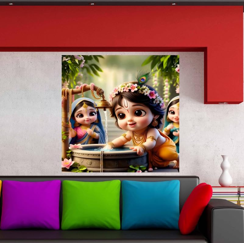 Image of British Terminal Cute little Bal Gopal Baby God Krishna| Kanha Ji | Laddu Lord Makhan Chor Painting Religious Poster for Pregnant Women for wall (matt thin vinyl,sticker,multicolor,unframed)| bj389