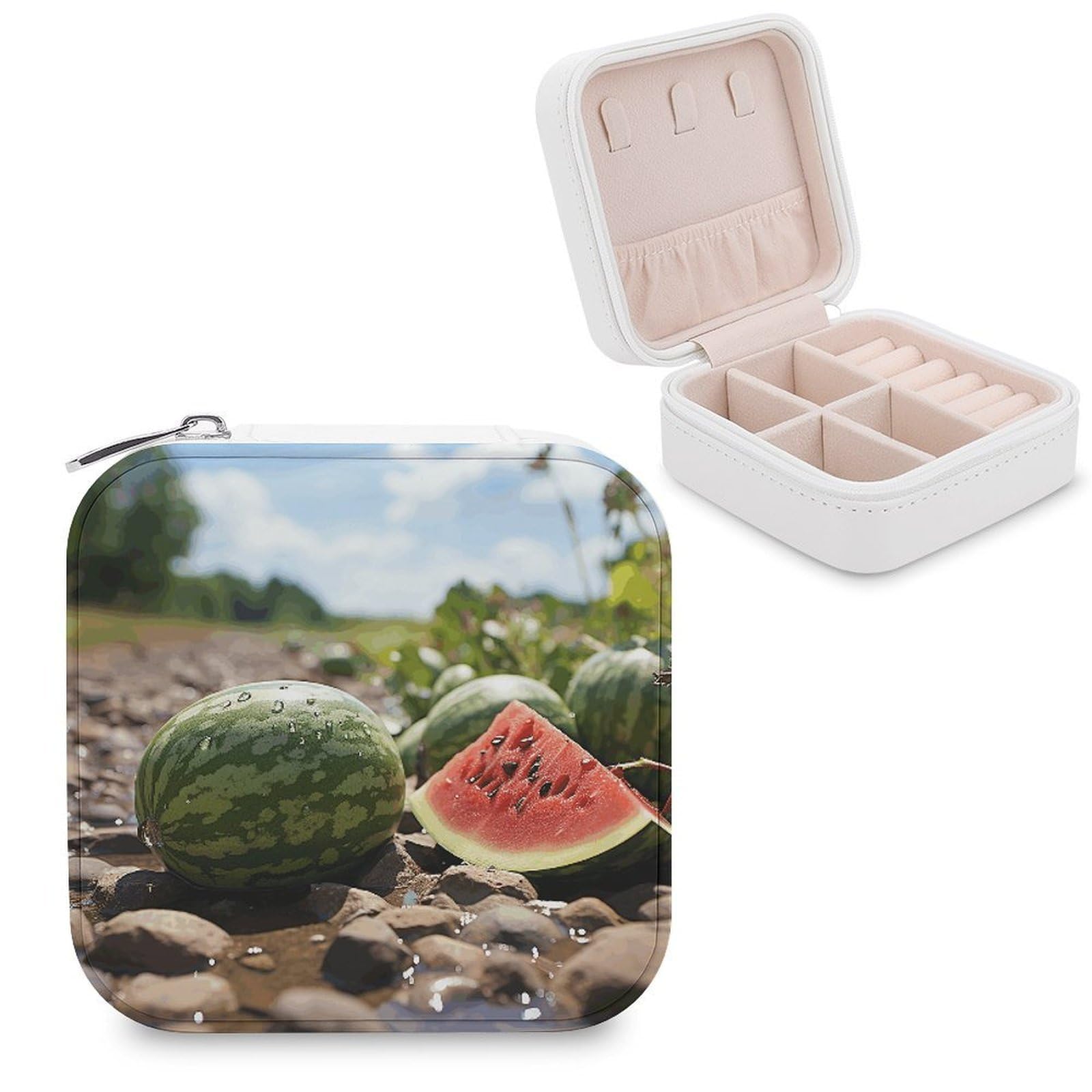 VstaDank Watermelon on The Ground Jewelry Box Portable Mini Travel Case Display Storage Holder Boxes PU Leather Small Jewelry Organizer for Women for Stud Earrings Rings Necklaces Bracelets