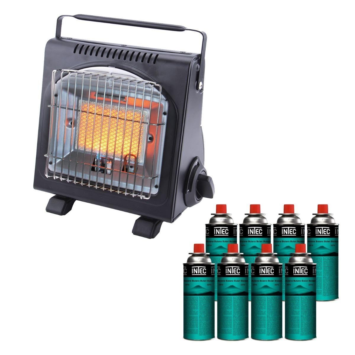 Intec – Calentador de gas portátil 1700 W de cerámica + 8 cartuchos de gas termopar ODS Camping Pesca