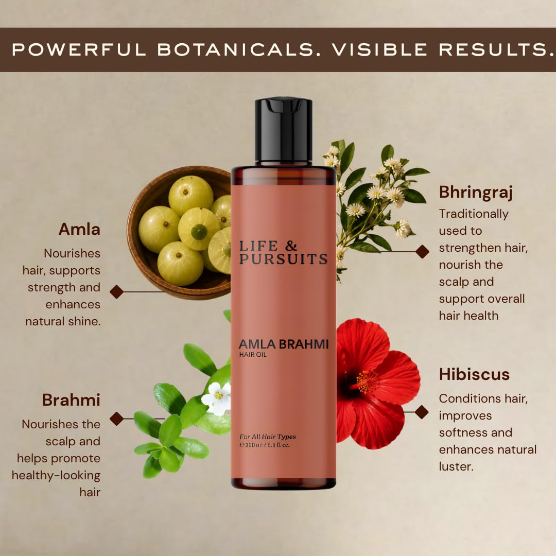Life & Pursuits Amla Brahmi Aceite para el crecimiento del cabello 200 ml de aceite natural y orgánico para el cabello con coco ricino y sésamo para cabello fuerte y grueso (el embalaje puede variar)
