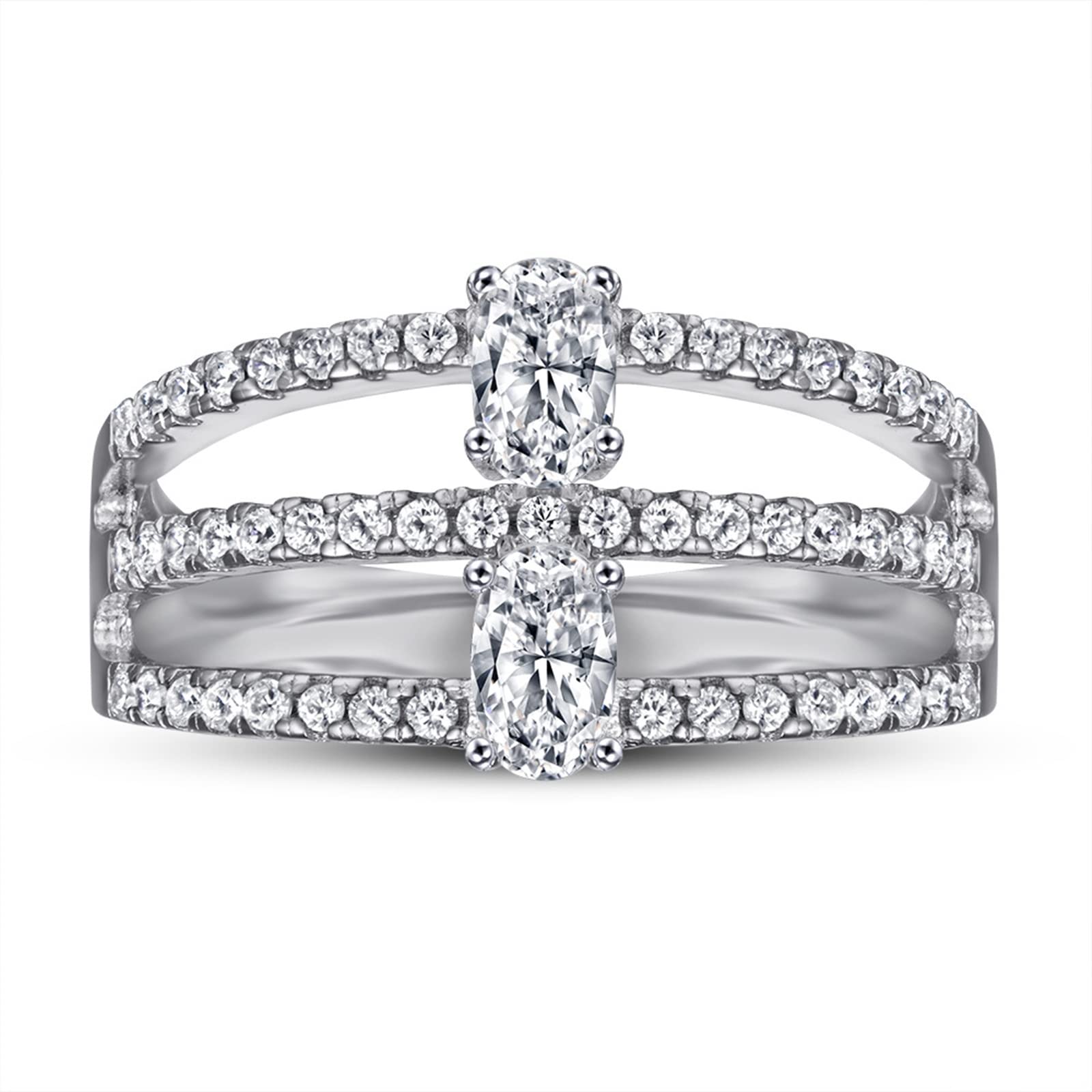 Anillo de plata maciza 925, anillo de compromiso para mujer, 3 filas huecas, ovaladas, 3 x 5 mm, anillo de boda promesa, Plata de ley 925, circonita cúbica