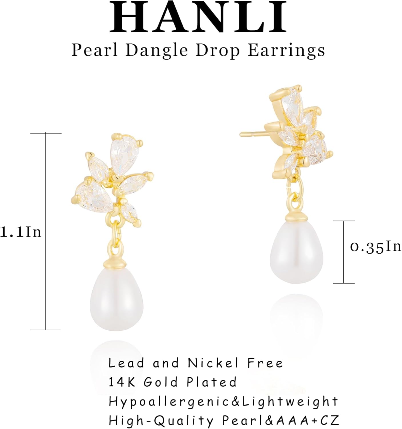 HANLI Pearl Dangle Earrings for Women - 14K Gold Plated Dainty Cubic Zirconia Pearl Drop Wedding Stud Earrings for Brides Bridal Jewelry - Image 6