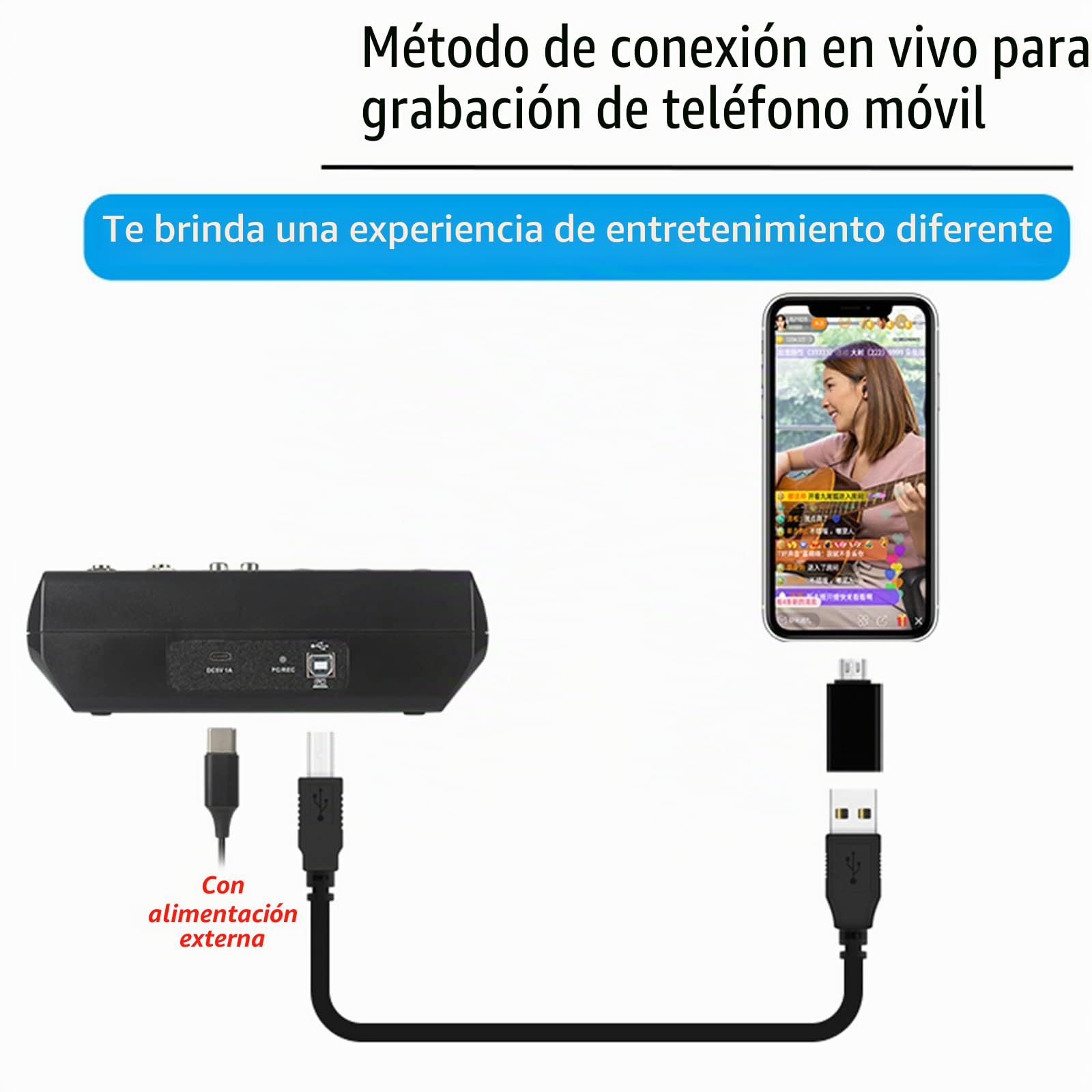 Mezclador de 5 canales, mesa mezcladora de audio y USB con alimentación fantasma 48 V, consola mezcladora para ordenador y micrófono, mezclador de audio para Live Studio Scene